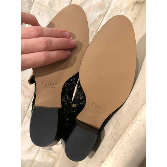 Chloe Suzanna Black Gold Velvet Coupe Studded Short Zipper Ankle Heel Bootie 37 - Picture 12 of 12